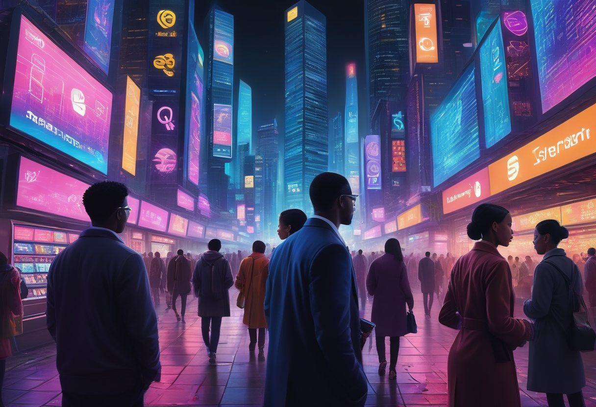 A bustling cityscape depicting digital screens with vibrant digital payment symbols like credit cards, QR codes, and cash flows in motion. Include a diverse group of people interacting with transactions on their devices, showcasing urgency and convenience. In the foreground, a flowing river of cash transforming into digital currency symbols symbolizes the evolution of payments. The scene should have bright, engaging colors to highlight modern finance. vibrant colors. cyberpunk.